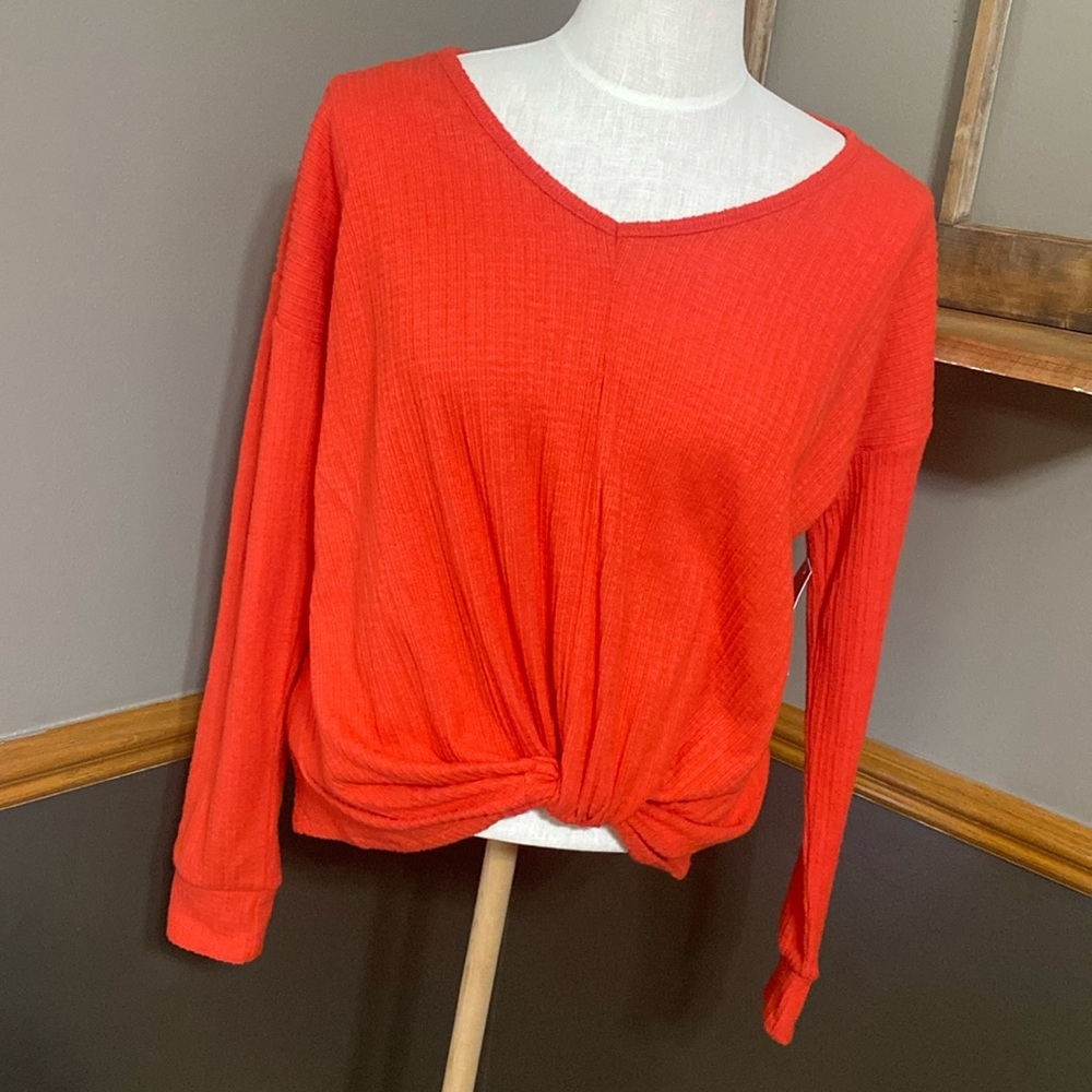 SO Bright orange v neck knot front long sleeve top size small NWT